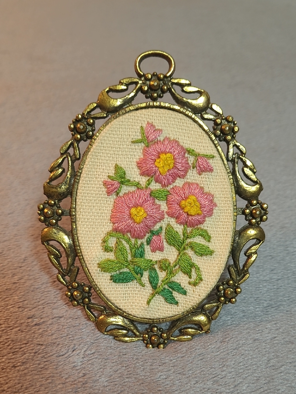 Hand-Embroidered Pink Floral Framed Embroidery